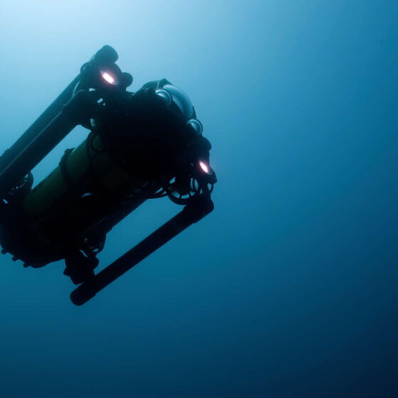 Boxfish AUV facing up underwater